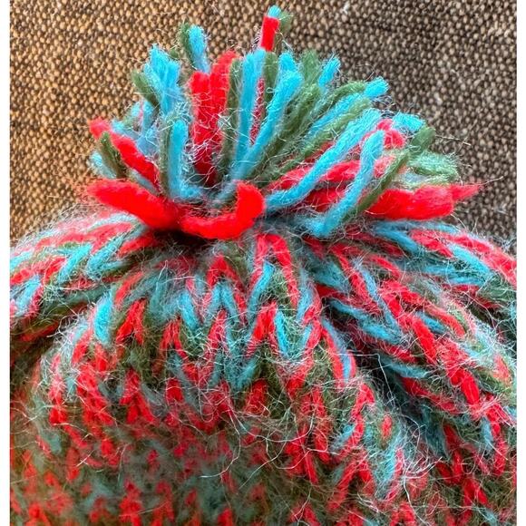 Vintage Knit Winter Hat, Teal Red Green Yarn, Rolled Edge, Fits Most Adults - Picture 3 of 3